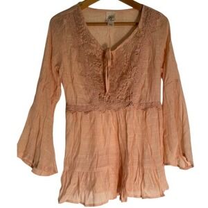 Self Esteem Womens Peach Lace Trim Bell Sleeve Peasant Blouse Top -‎ Size Large
